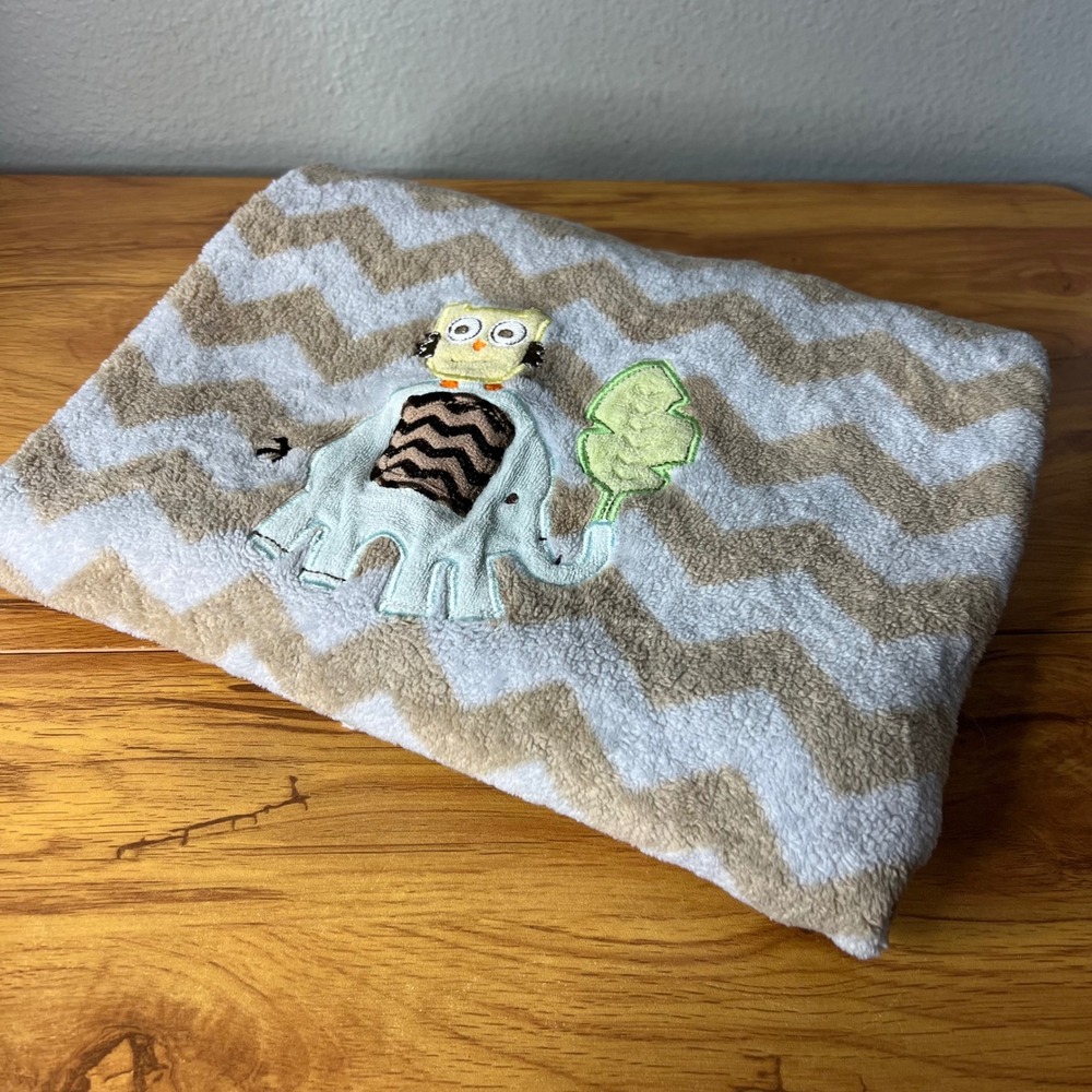 Circo Tan Blue Chevron Owl Elephant Fleece Plush Baby Blanket 39" x 29"
